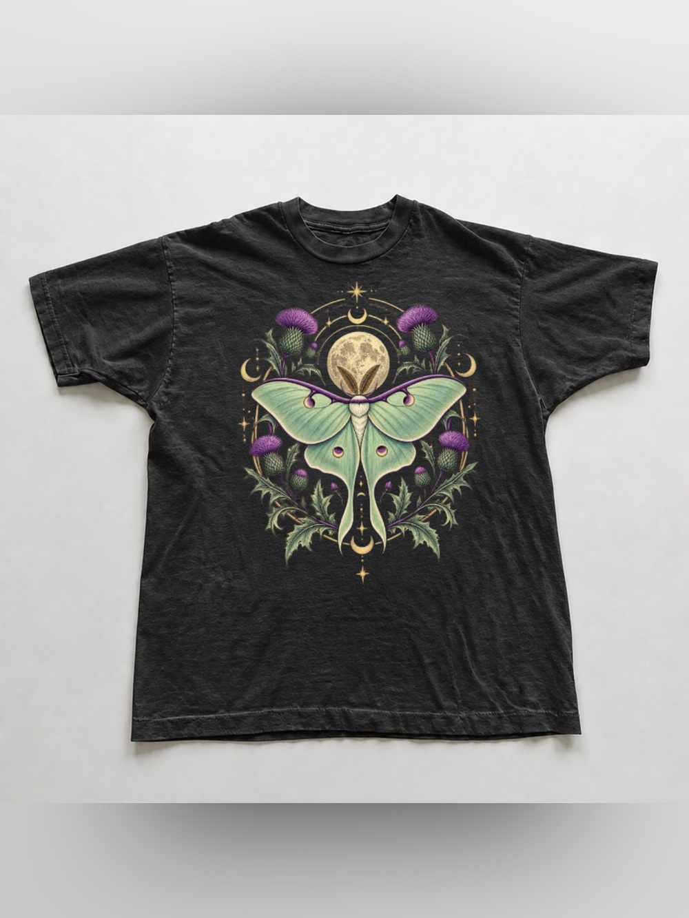 Black Tee with Green Luna Moth and Purple Thistle Graphic